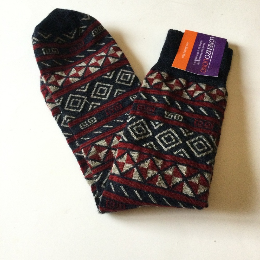 LORENZO UOMO MENS MERINO WOOL SOCKS GORGEOUS TRIBAL CHARCOAL RED BEIGE OS NWT